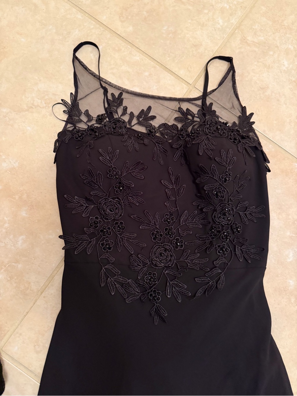 Black hand embellished Floral Appliqué Mesh Bodice Dress